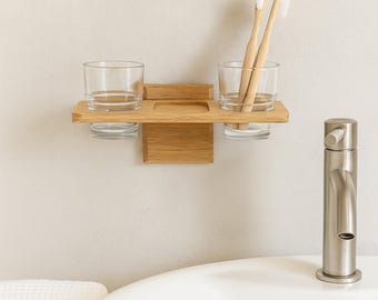 Toothbrush Holder with Dental Floss Shelf, Wall Mounted in Oak.