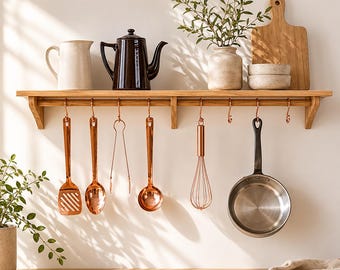 Large Kitchen Utensil Rail with Shelf, Wall Mounted in Oak