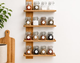 Oak Spice Rack, Wall Mounted with Four Shelves.