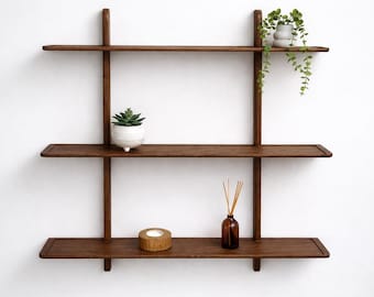 Oak Shelves | Large Oak Triple Wall Shelf Unit in Walnut
