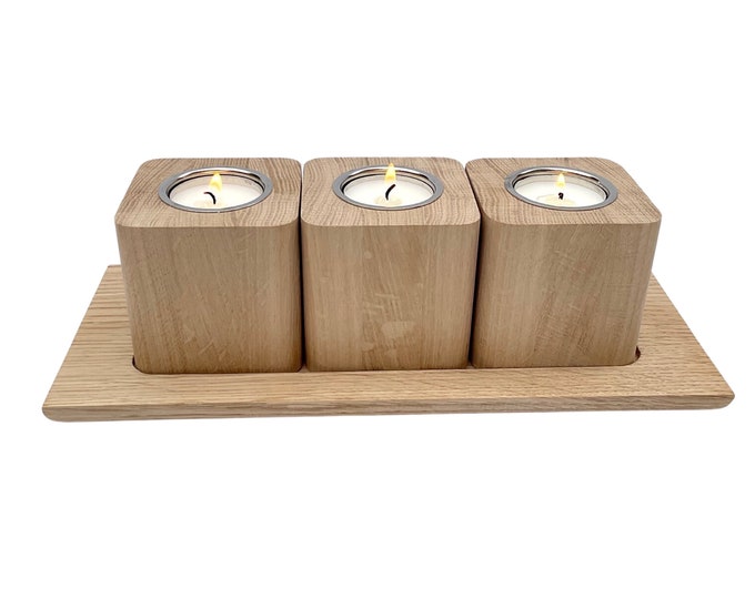 Oak Tea light Holders, Set of Two or Three with Oak Tray