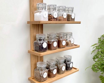 Oak Spice Rack, Wall Mounted with Three Shelves.