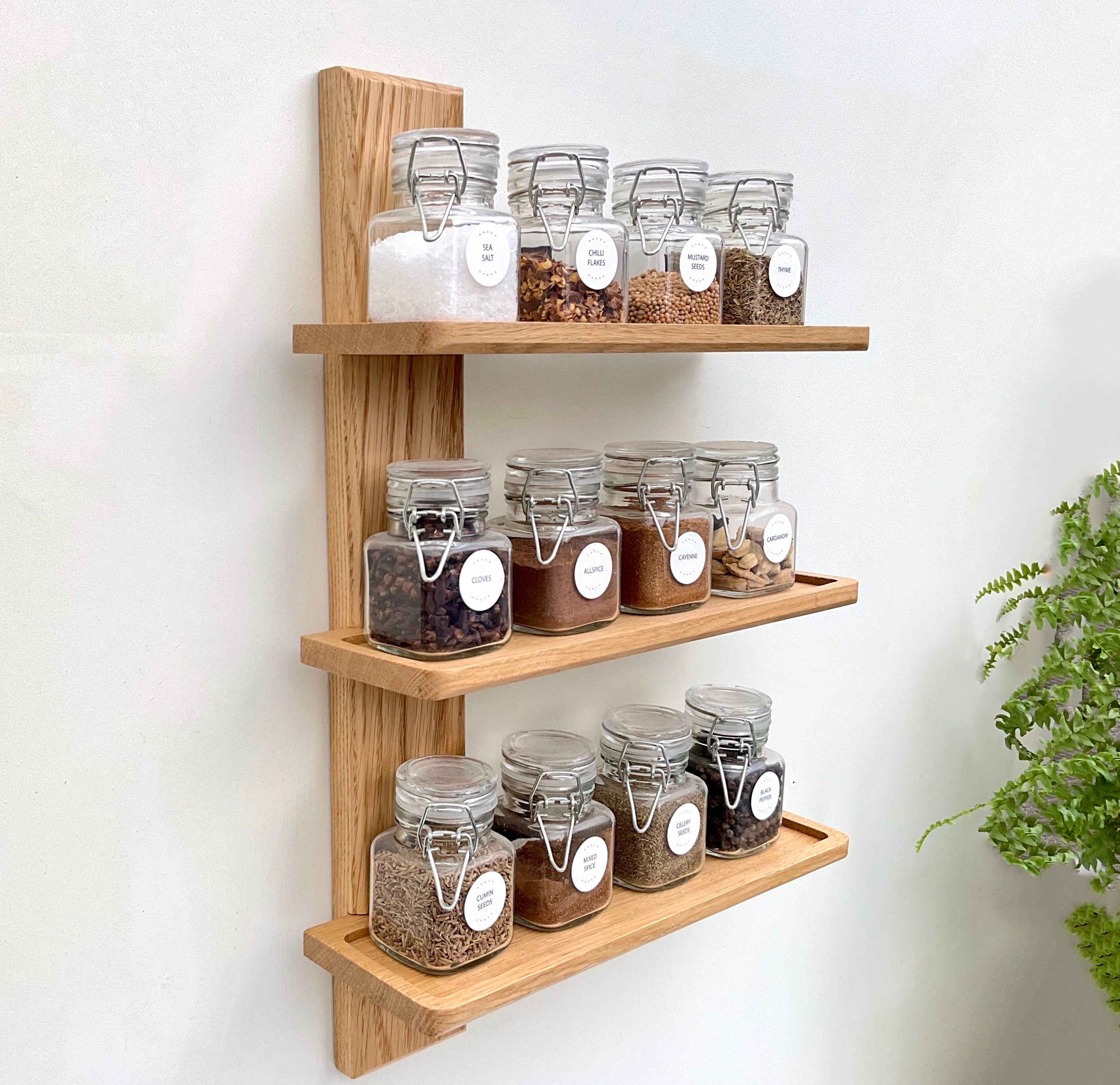 Oak Spice Rack 4 Shelf Deep Shelves for Jars Bottles Packets Wall