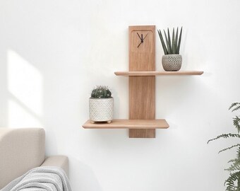 Elegant Two Tiered Shelf and Wall Clock in Solid Oak