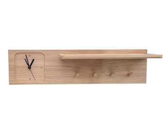 Hallway, Entryway Organiser with Key Hooks, Shelf and Wall Clock in Oak