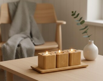 Oak Tea light Holders, Set of Two or Three with Oak Tray