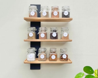 Oak Spice Rack, Wall Mounted in Oak and Black.