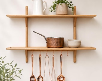 Handmade Solid Oak Double Kitchen Wall Shelf with Utensil Hanging Rail