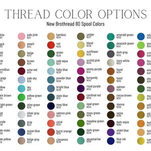 Op de afbeelding: Een kleurenkaart met de titel "THREAD COLOR OPTIONS" toont 80 garenkleuren van New Brothread. De kaart bevat een breed scala aan kleuren, van wit tot zwart, en verschillende tinten roze, groen, blauw en geel.