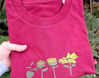Koszulka z haftowanym słonecznikiem: bawełna organiczna, krój unisex