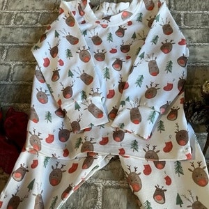 Warm and Cozy Long Sleeve Cuffed Wrist and Cuffed Ankles Red Nose Reindeer Christmas Pajama's