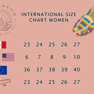 May include: International size chart for women's shoes, showing sizes in centimeters, US, and European sizes. The chart includes a ruler for reference.