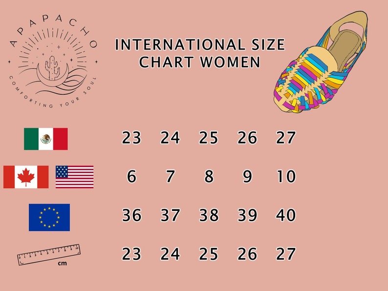 May include: International size chart for women's shoes, showing sizes in centimeters, US, and European sizes. The chart includes a ruler for reference.