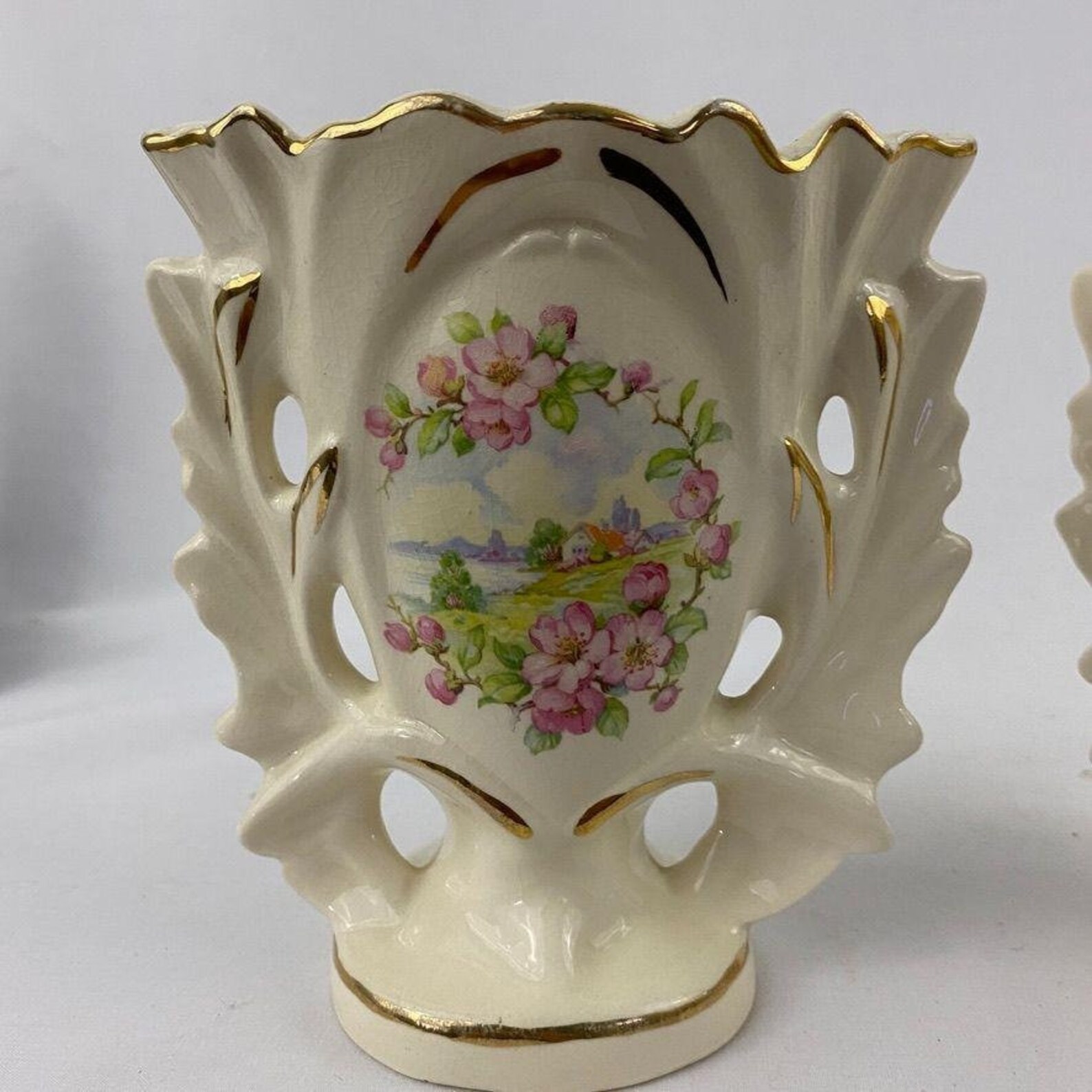 Goldra Vintage Gold Trimmed Vase Pair Etsy