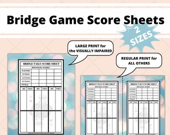 Bridge Game Score Sheets, Printable Bridge Score Pad, Bridge Score Card, Bridge Tally Score Sheet, Digital Bridge Tally Cards, Large Print