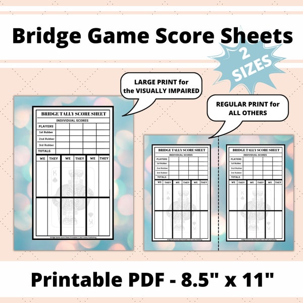 Bridge Game Score Sheets, Printable Bridge Score Pad, Bridge Score Card, Bridge Tally Score Sheet, Digital Bridge Tally Cards, Large Print