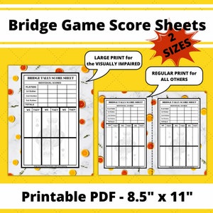 Bridge Game Score Sheets, Printable Bridge Score Pad, Bridge Score Card, Bridge Tally Score Sheet, Digital Bridge Tally Cards, Large Print