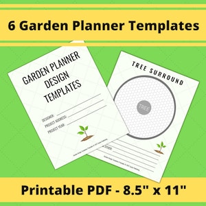 Könnte beinhalten: Sechs druckbare Gartenplaner-Vorlagen im PDF-Format, mit den Maßen 8,5 Zoll mal 11 Zoll. Die Vorlagen beinhalten eine Gartenplanvorlage mit Platz für den Namen des Designers, die Projektanschrift und das Projektjahr sowie eine Baumumgebungsvorlage mit einem Kreis zum Zeichnen eines Baumes und der umliegenden Pflanzen.