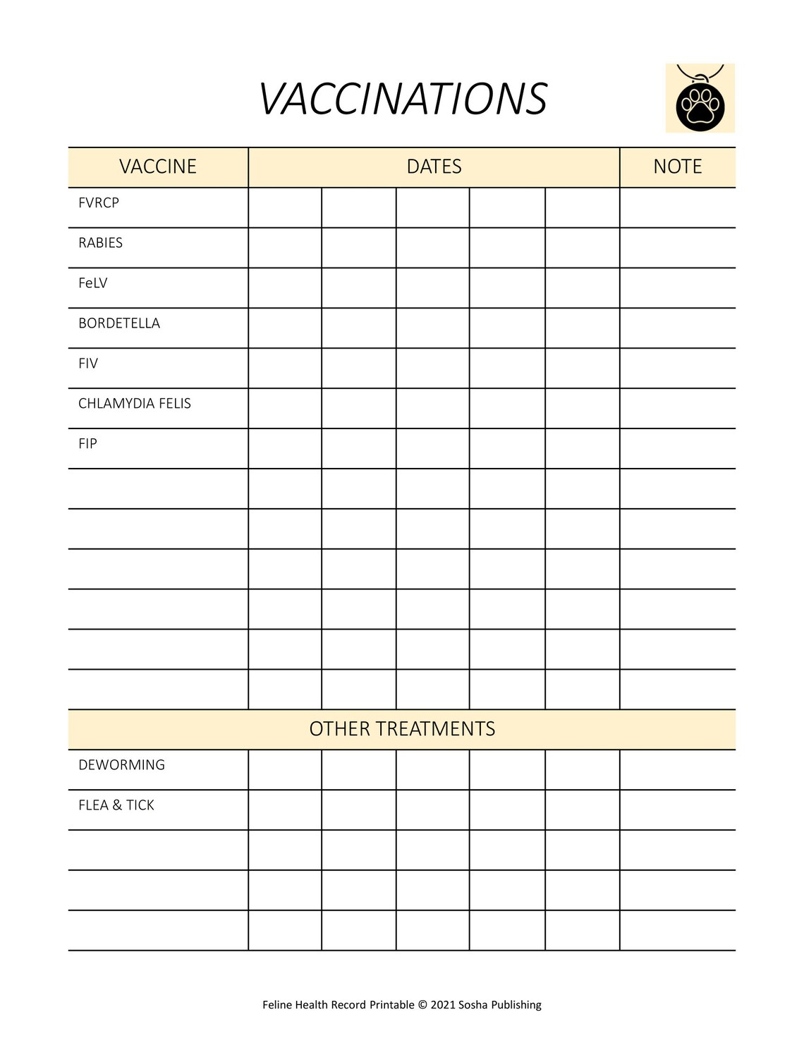 Feline Health Record, Cat Health Record, Cat Vaccination Record, Pet