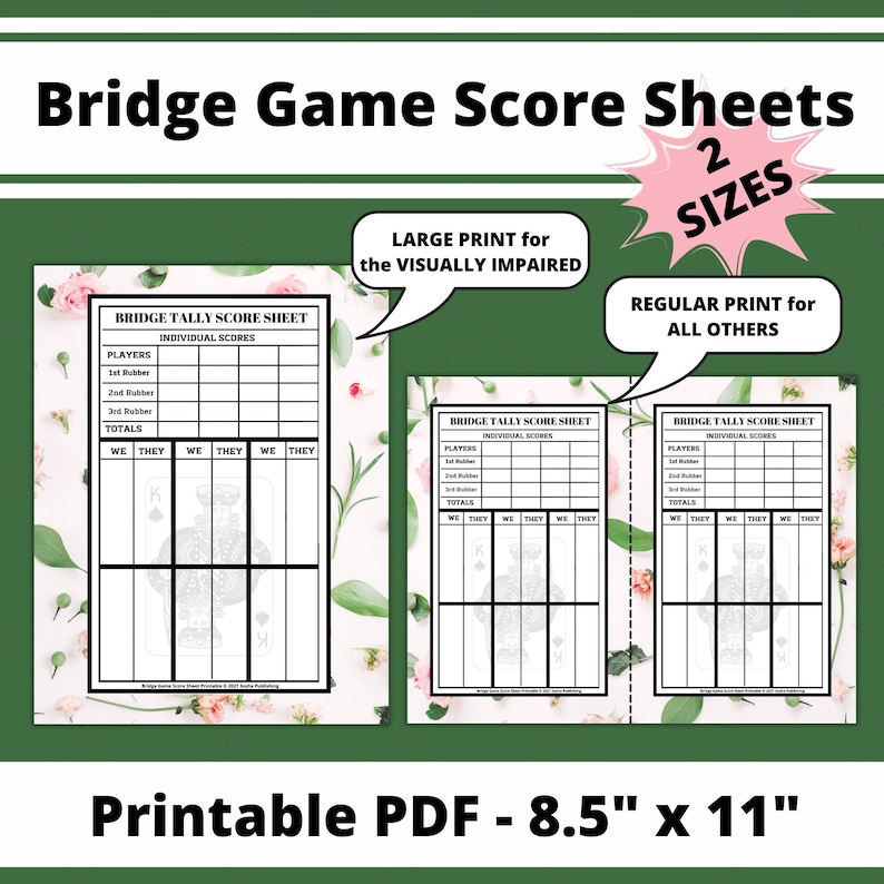 Bridge Game Score Sheets, Printable Bridge Score Pad, Bridge Score Card ...