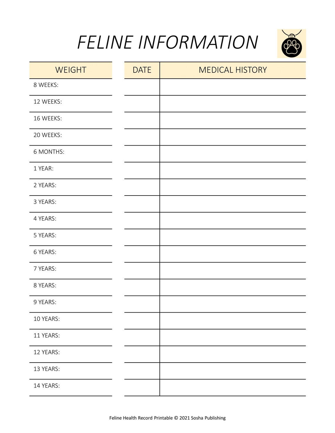 Feline Health Record, Cat Health Record, Cat Vaccination Record, Pet