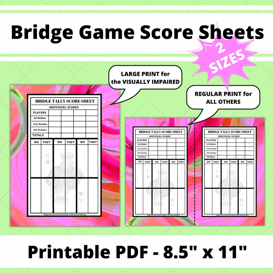 Bridge Game Score Sheets, Printable Bridge Score Pad, Bridge Score Card