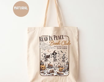 Bolsa de mano del club de lectura de esqueletos, bolsa de libros espeluznante para Halloween