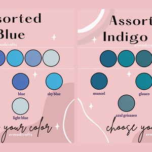 Pode incluir: Um gr&aacute;fico com duas colunas de amostras de cor azul. A coluna da esquerda &eacute; rotulada como "Azul sortimento" e inclui amostras de &iacute;ndigo, azul marinho, azul, azul celeste, azul cer&uacute;leo e azul claro. A coluna da direita &eacute; rotulada como "Azul &iacute;ndigo sortimento" e inclui amostras de muncel, glauco, teal, azul grisaseo e mezclilla.