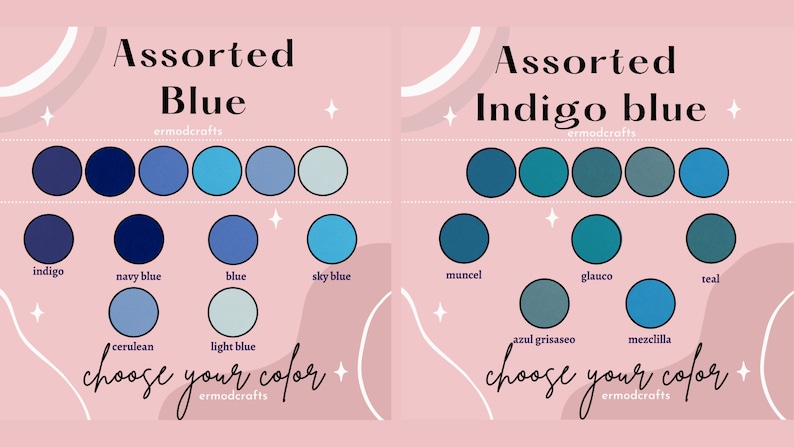 Pode incluir: Um gr&aacute;fico com duas colunas de amostras de cor azul. A coluna da esquerda &eacute; rotulada como "Azul sortimento" e inclui amostras de &iacute;ndigo, azul marinho, azul, azul celeste, azul cer&uacute;leo e azul claro. A coluna da direita &eacute; rotulada como "Azul &iacute;ndigo sortimento" e inclui amostras de muncel, glauco, teal, azul grisaseo e mezclilla.