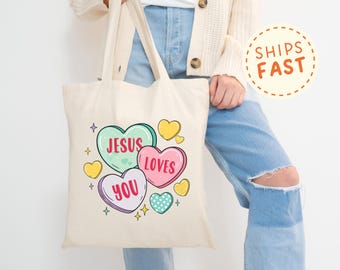 Bolsa de mano "Jesús te ama": bonito regalo cristiano para San Valentín, bolsa de mano con versículos bíblicos para mujer, bolsa reutilizable para iglesia con diseño de corazón.