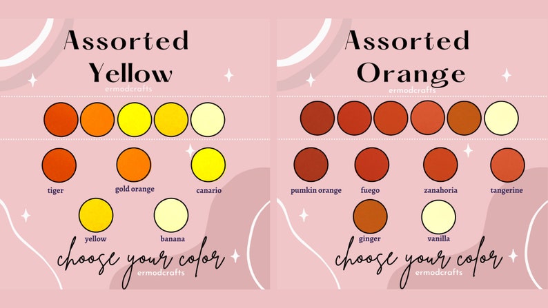May include: A chart with two columns, one for assorted yellow colors and one for assorted orange colors. Each column has a title, a row of six color swatches, and a row of three color swatches with names below each. The names of the colors are: tiger, gold orange, canario, yellow, banana, pumpkin orange, fuego, zanahoria, tangerine, ginger, and vanilla. The text at the bottom of each column says "choose your color".