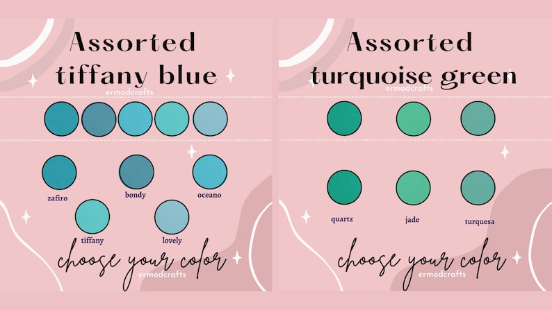 Pode incluir: Um gr&aacute;fico com duas colunas, cada uma mostrando uma sele&ccedil;&atilde;o de cores azuis e verdes. A coluna da esquerda &eacute; intitulada "Azul Tiffany Variado" e a coluna da direita &eacute; intitulada "Verde Turquesa Variado". Cada coluna tem cinco amostras de cores com nomes abaixo de cada amostra.