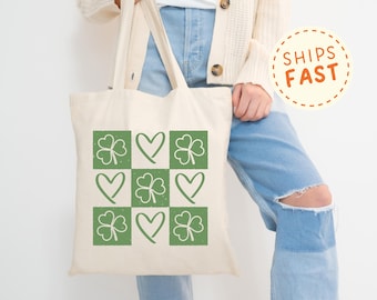 Bolsa de tela para el Día de San Patricio, bolsa de tela con estampado de trébol a cuadros retro, bolsa de lona con amuleto de la suerte, regalo coqueto para San Patricio, bolsa de tela irlandesa.