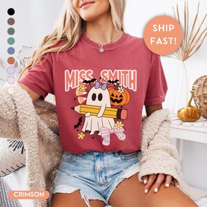 Personalized Halloween Teacher Shirt, Cute Ghost Fall Tee, Funny Teacher Bow Shirt, Comfort Colors®, Floral School Shirt for Women