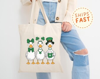 Bolsa de mano del Día de San Patricio, divertida bolsa de mano con diseño de ganso, trébol de la suerte, regalo irlandés de ganso, bolsa de lona verde