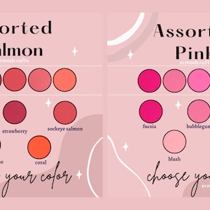 Pode incluir: Uma tabela de paleta de cores com duas se&ccedil;&otilde;es: Salm&atilde;o sortidas e Rosa sortidas. Cada se&ccedil;&atilde;o apresenta 5 tons diferentes de rosa e vermelho, com os nomes de cada cor listados abaixo.