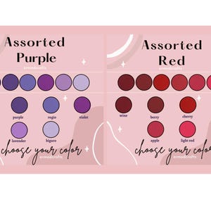 Pode incluir: Amostras de cores sortidas em roxo e vermelho com nomes para cada cor. As cores s&atilde;o organizadas em linhas de c&iacute;rculos. O texto "Roxo Sortido" e "Vermelho Sortido" est&aacute; no topo de cada coluna. O texto "escolha sua cor" est&aacute; na parte inferior de cada coluna.