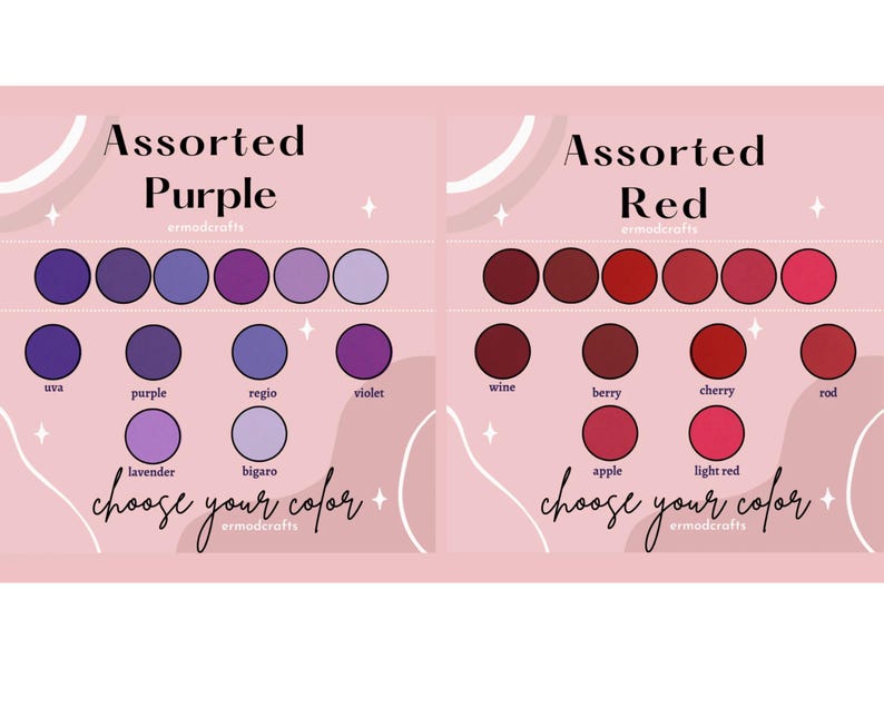 Pode incluir: Amostras de cores sortidas em roxo e vermelho com nomes para cada cor. As cores s&atilde;o organizadas em linhas de c&iacute;rculos. O texto "Roxo Sortido" e "Vermelho Sortido" est&aacute; no topo de cada coluna. O texto "escolha sua cor" est&aacute; na parte inferior de cada coluna.