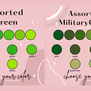 Pode incluir: Um gr&aacute;fico com duas colunas de amostras de cor verde. A primeira coluna &eacute; rotulada como "Verde sortido" e a segunda coluna &eacute; rotulada como "Verde militar sortido". Cada coluna tem 10 amostras de cor verde com nomes abaixo de cada amostra.
