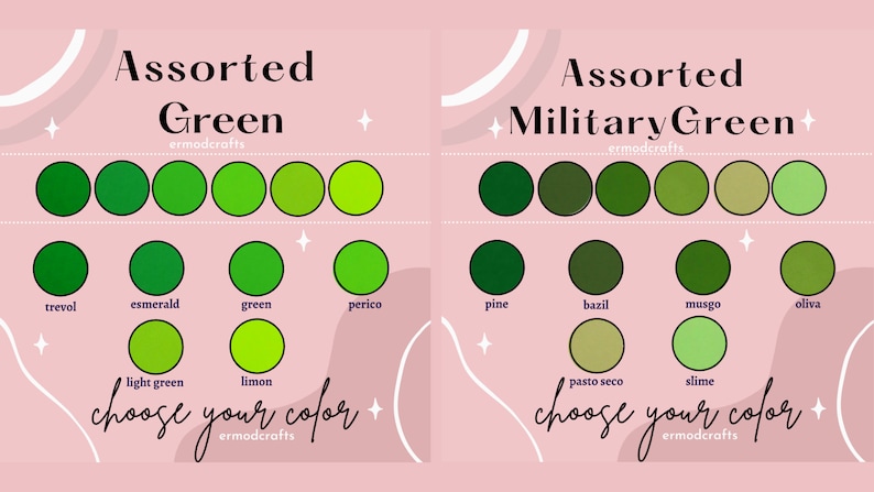 Pode incluir: Um gr&aacute;fico com duas colunas de amostras de cor verde. A primeira coluna &eacute; rotulada como "Verde sortido" e a segunda coluna &eacute; rotulada como "Verde militar sortido". Cada coluna tem 10 amostras de cor verde com nomes abaixo de cada amostra.