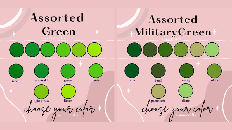 May include: A chart with two columns of green color swatches. The first column is labeled "Assorted Green" and the second column is labeled "Assorted Military Green". Each column has 10 green color swatches with names below each swatch.