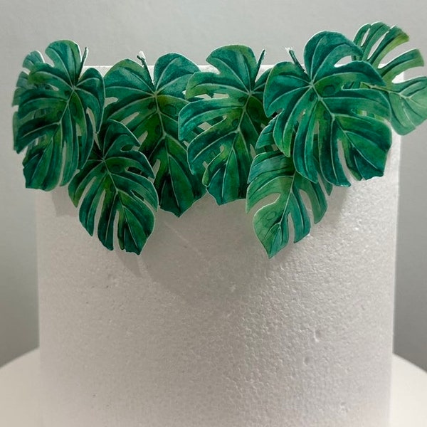 Precut edible wafer tropical leaves set - cake decorations for safari / jungle theme cake or cupcakes.