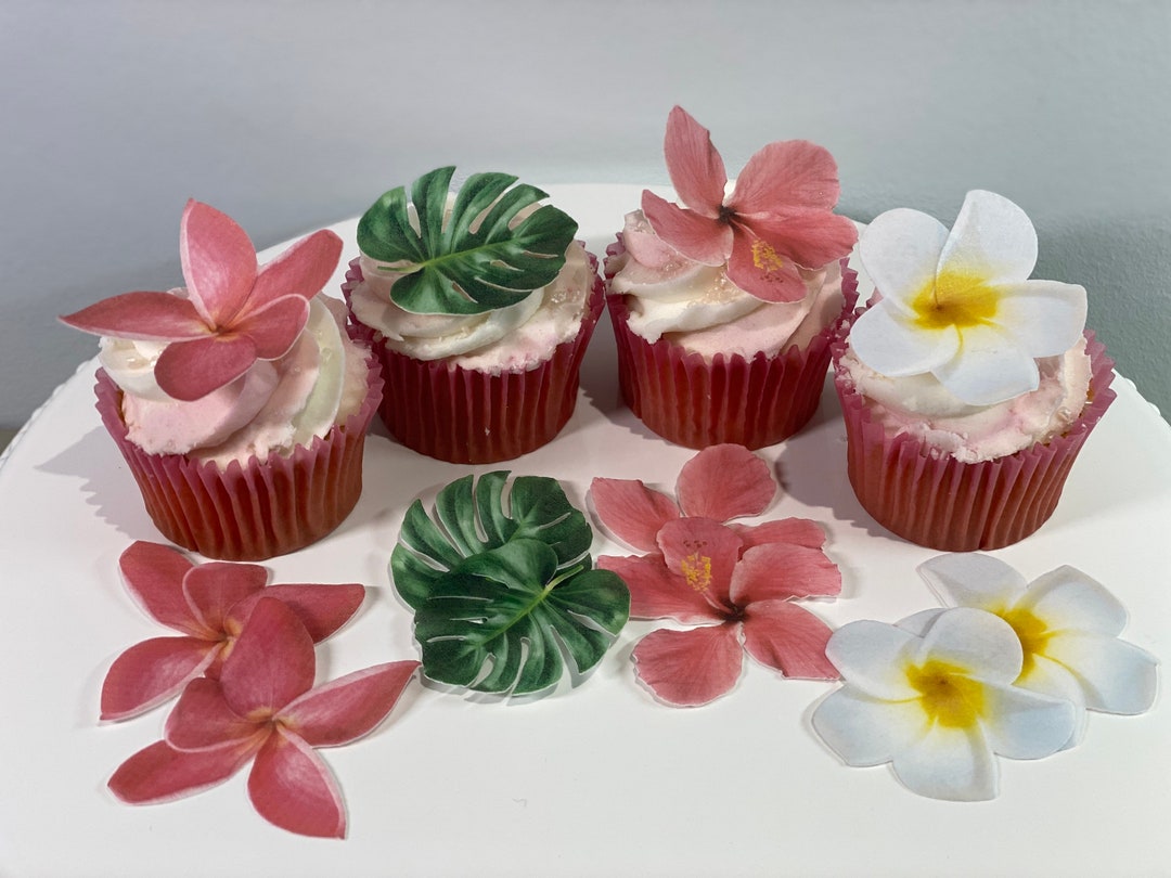 12 Precut Edible Tropical Flowers and Leaves Cake Cupcake Decorating