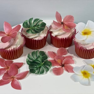 12 fiori e foglie tropicali commestibili pretagliati - decorazione per torte e cupcake. Decorazione per feste in carta da cialda