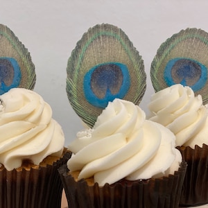 14 Precut edible peacock feathers - cake - cupcake decorating topper. Wafer paper party decor