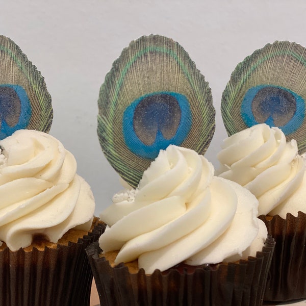 14 Precut edible peacock feathers - cake - cupcake decorating topper. Wafer paper party decor