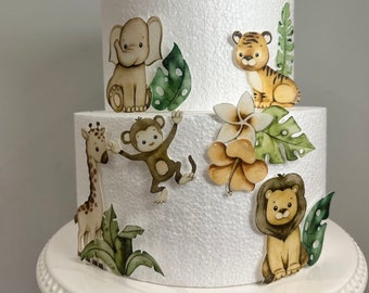 Precut edible wafer Safari Animals in neutral colours - birthday cake decorating set. New baby or Christening cake toppers
