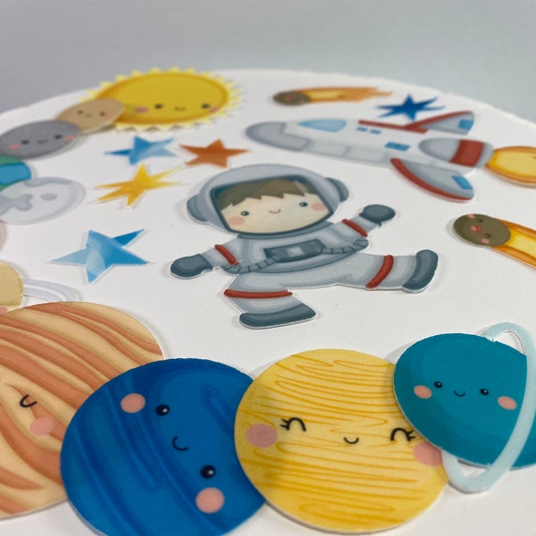 Precut edible planets and stars - birthday cake decorating topper. Wafer paper space birthday decorations