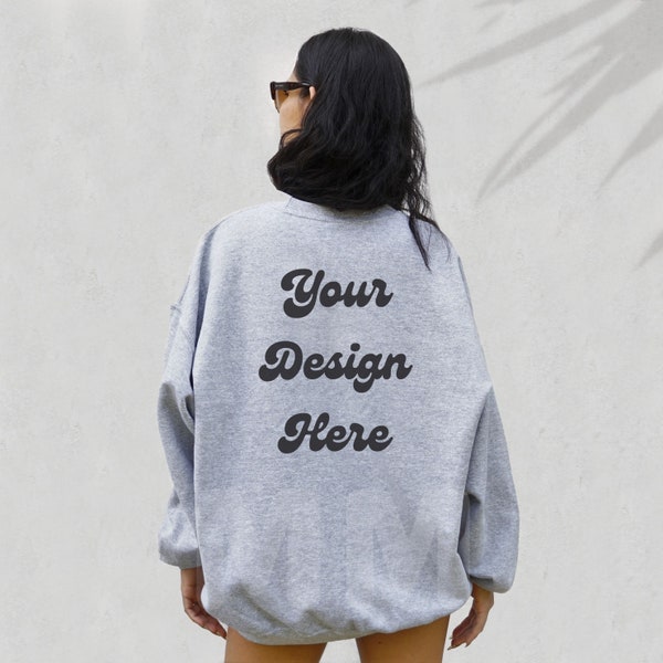 Gildan 18000 Sport GREY Back Mockup | Back of Sweatshirt Mockup | Female Model Mockup | Gildan Crewneck Mock | Summer Mockup