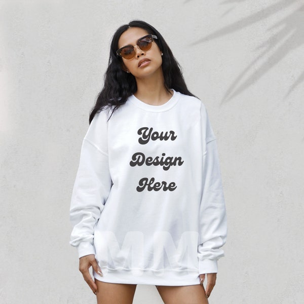 Gildan 18000 WHITE Mockup | Oversized Sweatshirt Mockup | Female Model Mockup | Gildan Crewneck Mock | Summer Mockup | Minimalist Mockup